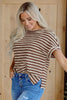 Brown Stripe Textured Side Slits Crew Neck T Shirt