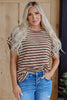 Brown Stripe Textured Side Slits Crew Neck T Shirt