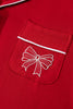 Racing Red Bow Pocket Detail Long Sleeve Shirt 2pcs Pajama Set