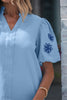 Beau Blue Flower Embroidered Puff Sleeve Split Neck Textured Blouse