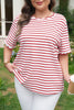 Red Stripe Plus Size Scalloped Trim Round Neck Short Sleeve Top