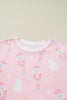 Pink Christmas Tree Nutcracker Doll Print Contrast Trim Long Sleeve Top Matching Shorts Set
