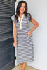 Blue Stripe Ruffled Short Sleeve Contrast Trim Button Notched Neck Midi Dress