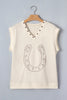 White Horseshoe Embroidered Star Trim V Neck Loose Tank Top
