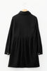 Black Corduroy Half Button Collared Long Sleeve Mini Dress