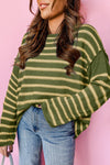 Khaki Stripe Drop Shoulder Casual Sweater