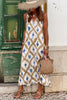 Khaki Boho Abstract Print V Neck Sleeveless Long Dress