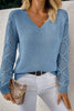 Black Solid V Neck Pointelle Knit Sleeve Patchwork Sweater