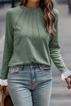 Grass Green Seam Detail Lace Contrast Cuffs Raglan Sleeve Top