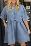 Dusk Blue Bowknot Bubble Sleeve Short Denim Dress