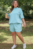 Mist Blue Solid Color Mock Neck Half Sleeve Top Plus Size 2pcs Short Set