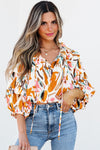 Yellow Abstract Print Drawstring Frilled V Neck 3/4 Sleeve Blouse