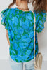 Green Floral Print Ruffled Sleeve Summer Blouse