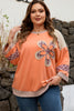 Grapefruit Orange Plaid Flower Waffle Patched Plus Size 3/4 Sleeve Top