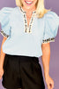 Beau Blue Contrast Leopard Trim Split Neck Puff Sleeve Blouse