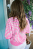 Green Stripe Short Sleeve Knit V Neck Bow Knot Sweater