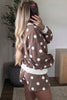 Brown Polka Dot Ribbed Trim Long Sleeve Top Casual Short Set