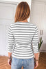 Beige Stripe Ribbed Knit Round Neck Long Sleeve Top