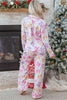 Pink Striped Bow Print Contrast Piping Trim Shirt and Pants 2pcs Pajama Set
