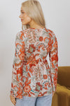 Orange Floral Print Deep V Neck Knot Bell Sleeve Blouse