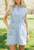 Sky Blue Stripe Collared Button Front Sleeveless Denim Mini Dress