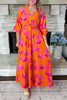 Orange Floral Print Frilly Smocked V Neck 3/4 Sleeve Long Dress