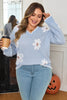 Gray Fuzzy Flower Scalloped V Neck Plus Sweater