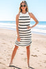 Black Stripe Knitted Drawstring Detail Sleeveless Dress