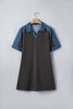 Carbon Grey Color Block Denim Patchwork Polo Collar T Shirt Shift Dress