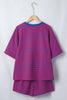 Blue Stripe Striped Ribbed Cotton Two-Piece Short Set with Chest Patch Detail