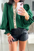 Black Puffy Flounce Sleeve Leopard Trim V Neck Blouse