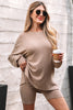 Dark Khaki Ribbed Balloon Sleeve Pullover Top and Biker Knitted Short Set