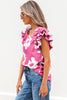 Pink Floral Textured Ruffled Short Sleeve Square Neck Blouse