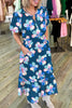 Blue Floral Print Short Puff Sleeve Ruffle Hem Belted Long Dress