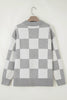 Gray Plus Size Checkered Pattern Button Polo Collar Split Sweater