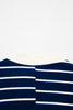 Blue Stripe Stand Collar V Neck Elastic Cuffs Half Sleeve Dolman Top