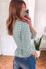 Green 3/4 Sleeve Shirred Plaid Peplum Top