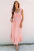 Pink V Neck Flutter Sleeve Smocked Bodice High Waist Ruffle Maxi Dress