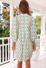 Green Geometric Floral Print 3/4 Sleeve Notched Neck Mini Dress
