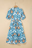 Sky Blue Boho Floral Print Short Puff Sleeve Button Down Ruffle Hem Midi Dress