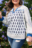 White Plus Size Boho Floral Print Contrast Trim Split Neck Puff Sleeve Patchwork Blouse