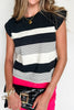 Black Stripe Mixed Print Crew Neck Cap Sleeve T Shirt