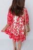 Red Collared V Neck Half Sleeve Loose Flower Mini Dress