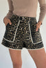 Khaki Contrast Scalloped Lace Trim Leopard Denim Shorts