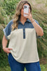 Light Grey Half Buttons Collared Denim Patchwork Plus Short Sleeve Top