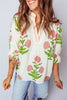 Sky Blue Casual Wild Flower Print V Neck 3/4 Sleeve Blouse