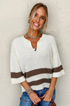 Brown Striped Accent Notched V Neck Cropped Sweater T Shirt