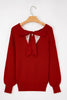 Racing Red Lantern Sleeve V Neck Knot Back Sweater