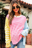 Multicolour Color Block Striped Patchwork Dolman Sleeve Slit Sweater