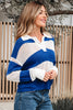 Blue Stripe Colorblock Polo Collar Eyelet Crochet Knitted Sweater